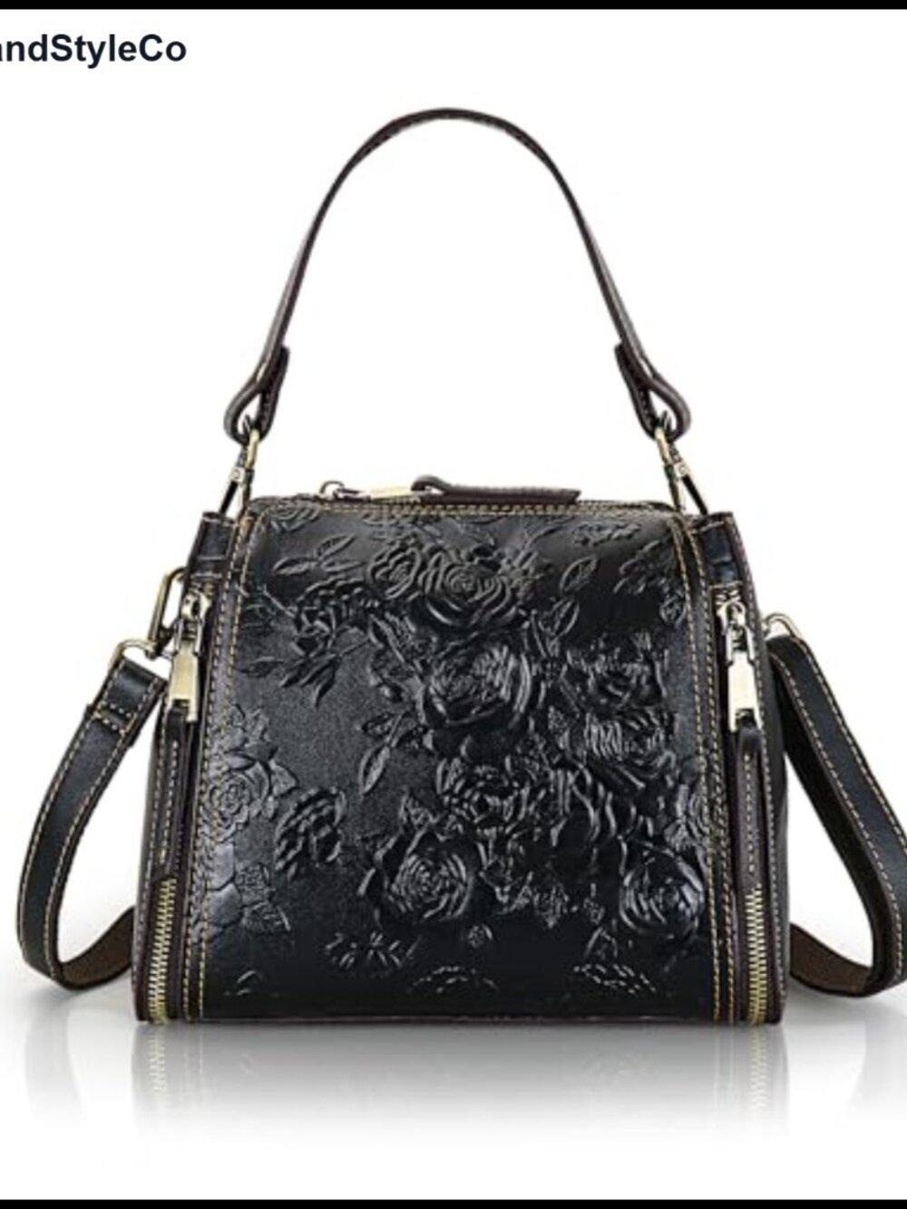 Leather Crossbody Bag Satchel Handbag with Embossed Rose Pattern
